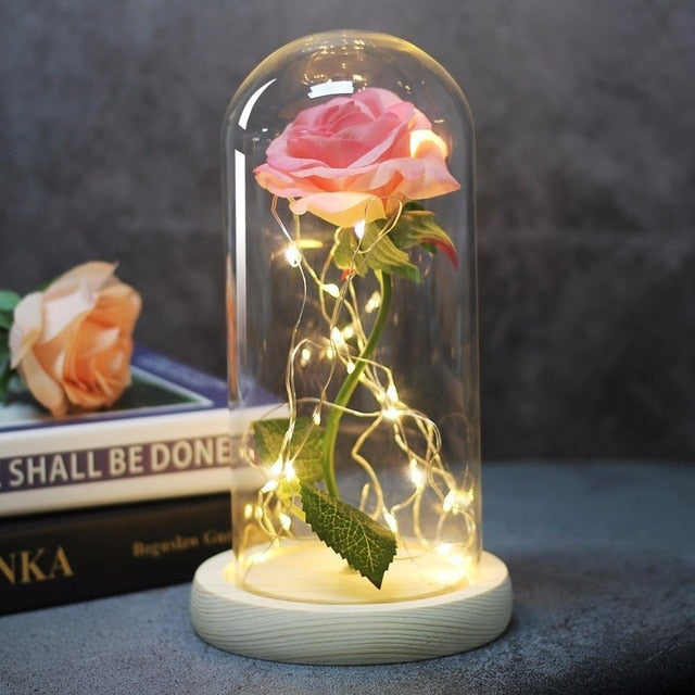 Beauty And Beast Rose In Flask Led Rose Flower Light Black Base Glass Dome